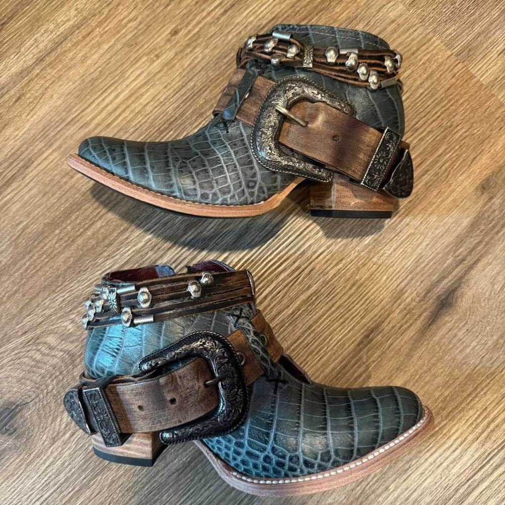 Freebird by Steven Turquoise Croc Ankle Boots SZ 7 Boho Western